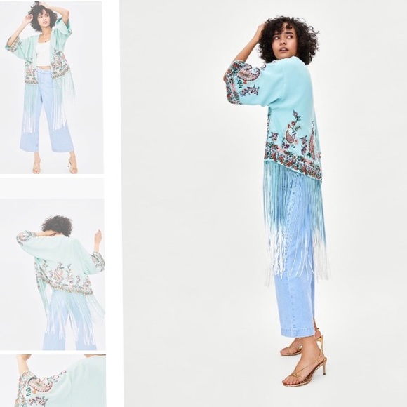 [ZARA] EMBROIDERED KIMONO with OMBRÉ FRINGING - Picture 2 of 8